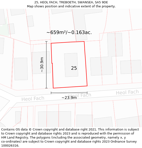 25, HEOL FACH, TREBOETH, SWANSEA, SA5 9DE: Plot and title map