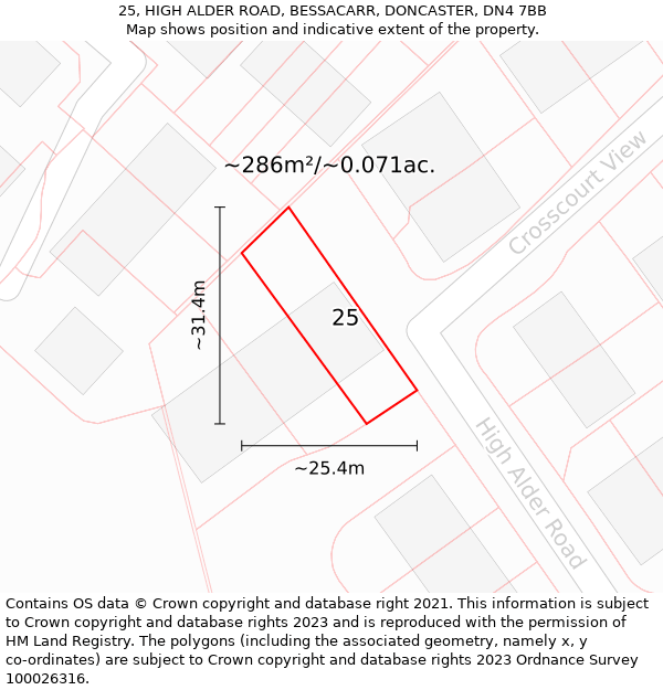 25, HIGH ALDER ROAD, BESSACARR, DONCASTER, DN4 7BB: Plot and title map