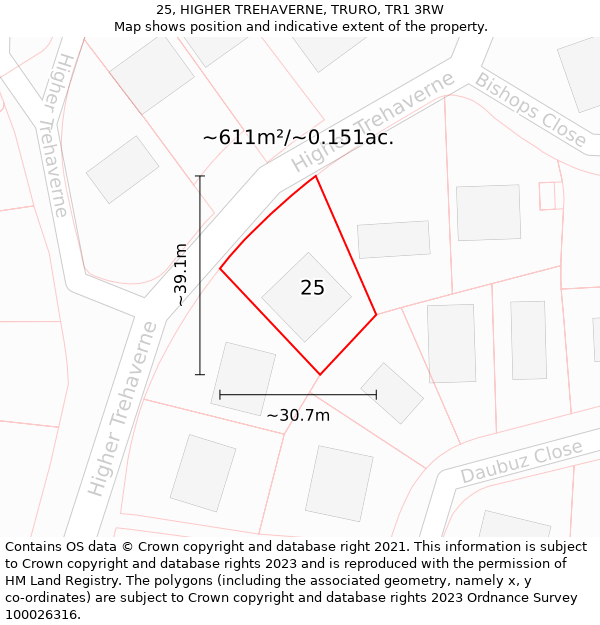 25, HIGHER TREHAVERNE, TRURO, TR1 3RW: Plot and title map