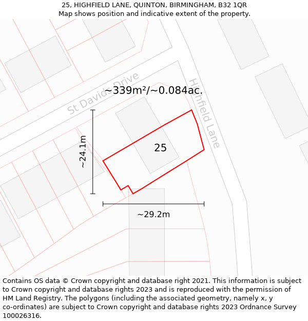 25, HIGHFIELD LANE, QUINTON, BIRMINGHAM, B32 1QR: Plot and title map