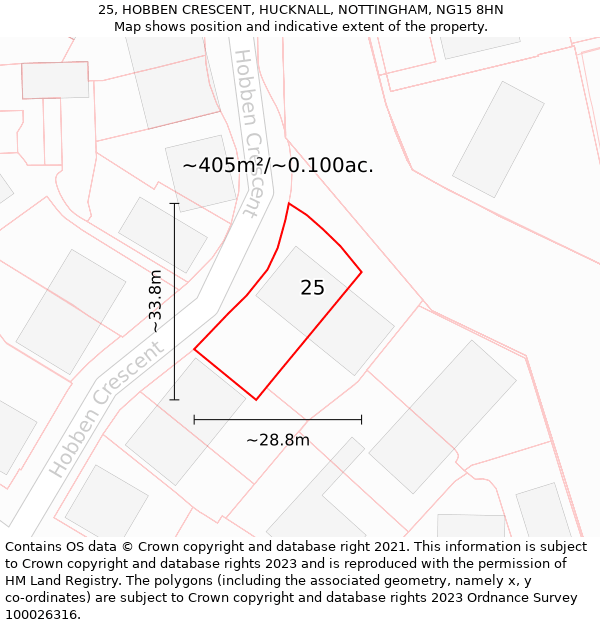 25, HOBBEN CRESCENT, HUCKNALL, NOTTINGHAM, NG15 8HN: Plot and title map