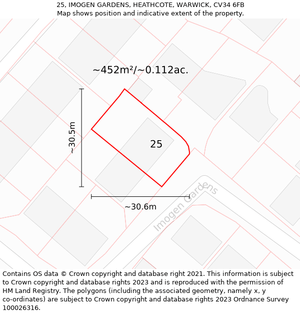 25, IMOGEN GARDENS, HEATHCOTE, WARWICK, CV34 6FB: Plot and title map