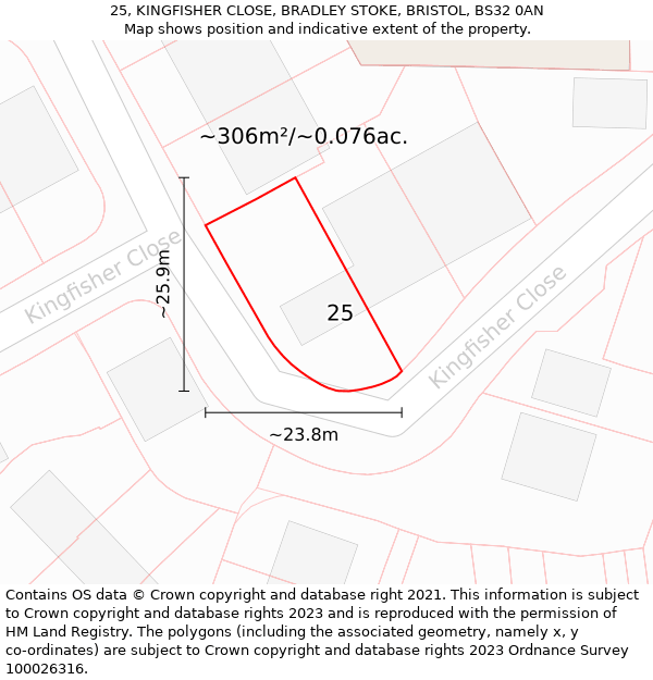 25, KINGFISHER CLOSE, BRADLEY STOKE, BRISTOL, BS32 0AN: Plot and title map