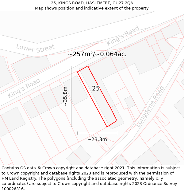 25, KINGS ROAD, HASLEMERE, GU27 2QA: Plot and title map