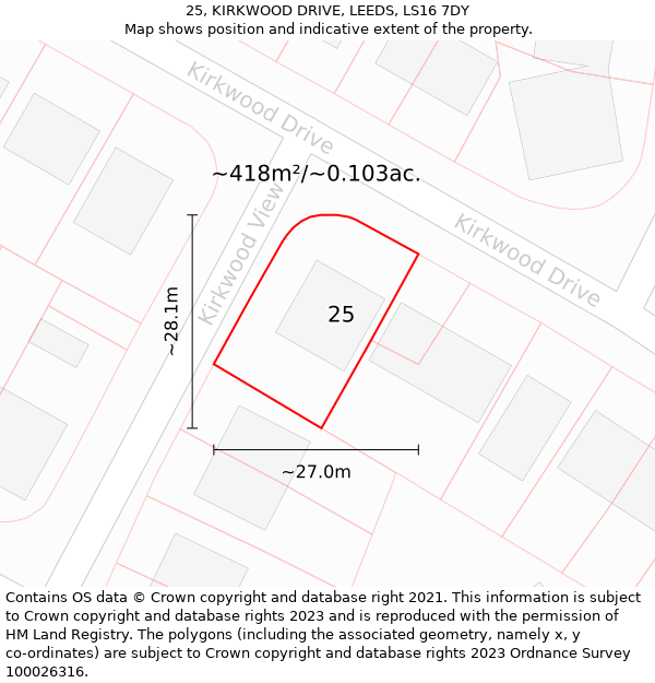 25, KIRKWOOD DRIVE, LEEDS, LS16 7DY: Plot and title map