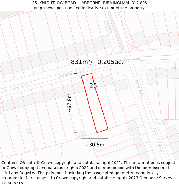 25, KNIGHTLOW ROAD, HARBORNE, BIRMINGHAM, B17 8PS: Plot and title map