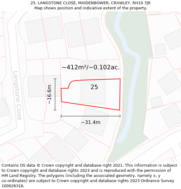 25, LANGSTONE CLOSE, MAIDENBOWER, CRAWLEY, RH10 7JR: Plot and title map