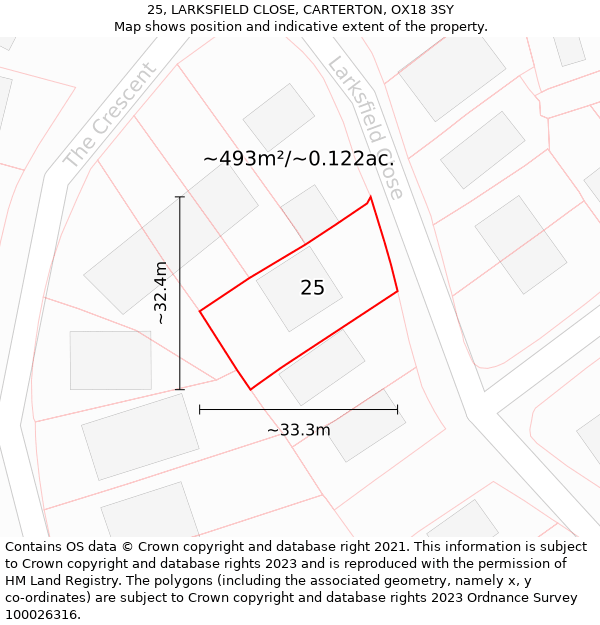 25, LARKSFIELD CLOSE, CARTERTON, OX18 3SY: Plot and title map