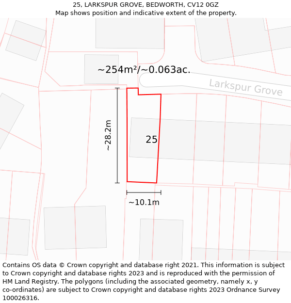 25, LARKSPUR GROVE, BEDWORTH, CV12 0GZ: Plot and title map