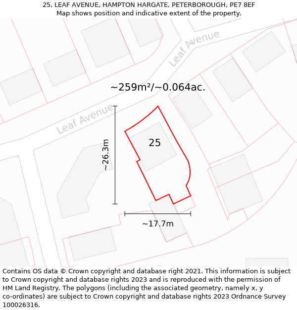 25, LEAF AVENUE, HAMPTON HARGATE, PETERBOROUGH, PE7 8EF: Plot and title map