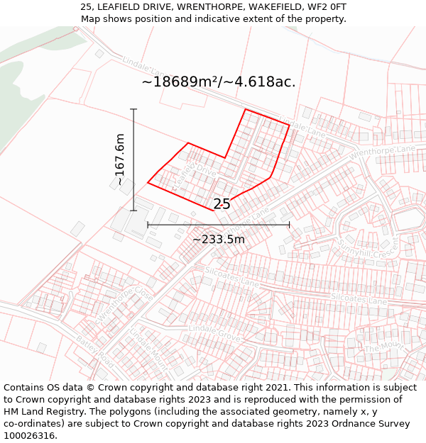 25, LEAFIELD DRIVE, WRENTHORPE, WAKEFIELD, WF2 0FT: Plot and title map