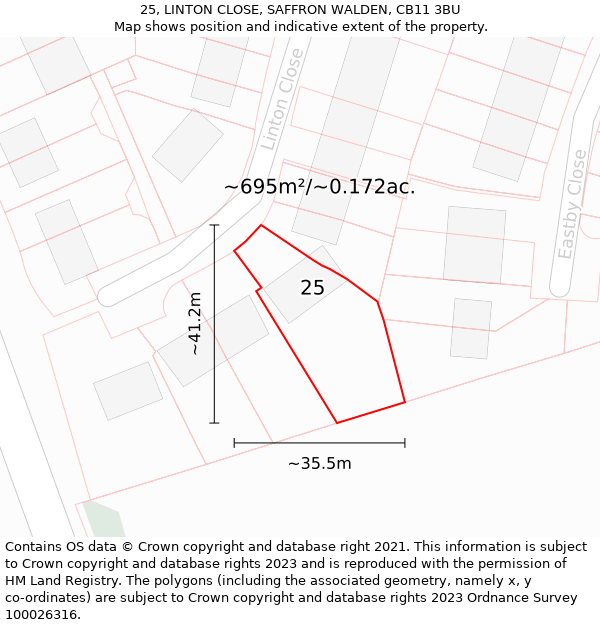 25, LINTON CLOSE, SAFFRON WALDEN, CB11 3BU: Plot and title map