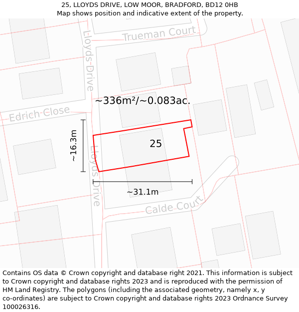 25, LLOYDS DRIVE, LOW MOOR, BRADFORD, BD12 0HB: Plot and title map