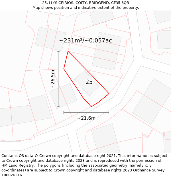 25, LLYS CEIRIOS, COITY, BRIDGEND, CF35 6QB: Plot and title map