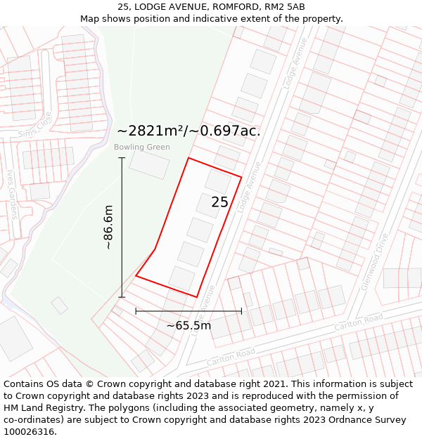 25, LODGE AVENUE, ROMFORD, RM2 5AB: Plot and title map