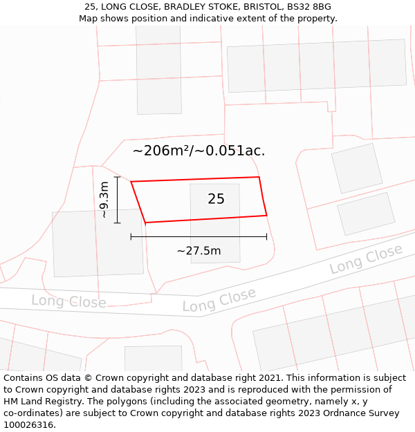 25, LONG CLOSE, BRADLEY STOKE, BRISTOL, BS32 8BG: Plot and title map