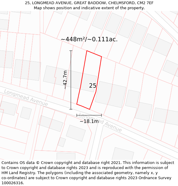 25, LONGMEAD AVENUE, GREAT BADDOW, CHELMSFORD, CM2 7EF: Plot and title map