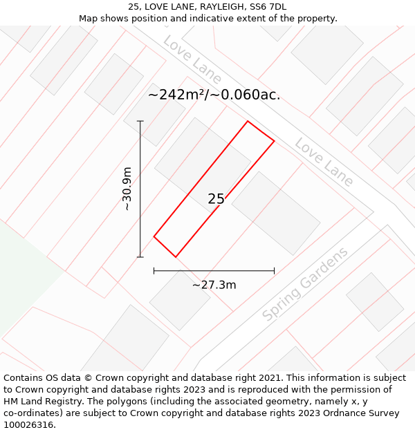 25, LOVE LANE, RAYLEIGH, SS6 7DL: Plot and title map