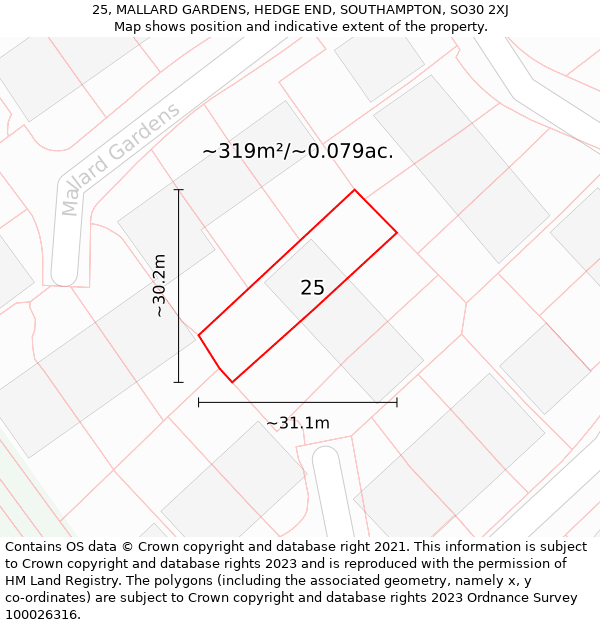 25, MALLARD GARDENS, HEDGE END, SOUTHAMPTON, SO30 2XJ: Plot and title map