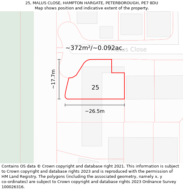 25, MALUS CLOSE, HAMPTON HARGATE, PETERBOROUGH, PE7 8DU: Plot and title map