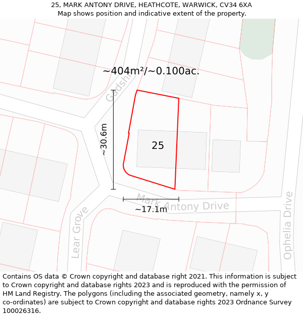 25, MARK ANTONY DRIVE, HEATHCOTE, WARWICK, CV34 6XA: Plot and title map