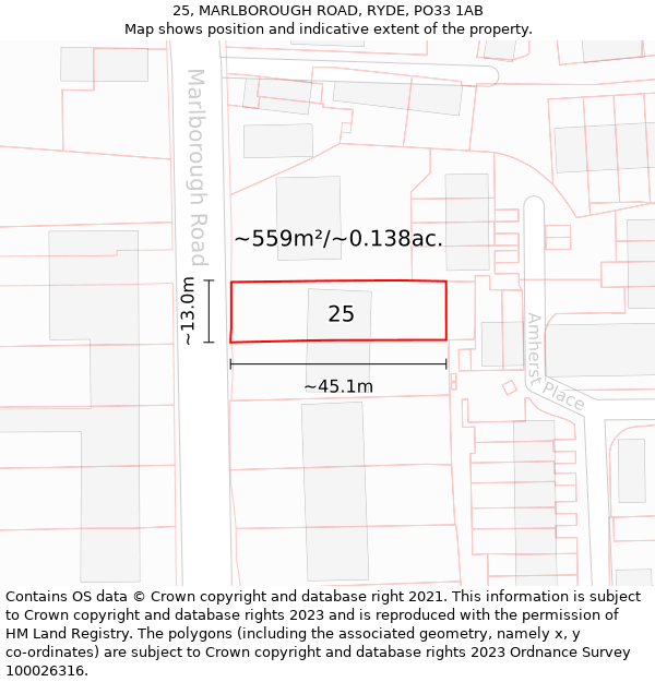 25, MARLBOROUGH ROAD, RYDE, PO33 1AB: Plot and title map