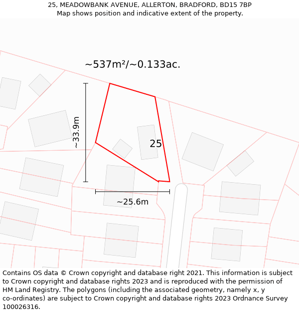 25, MEADOWBANK AVENUE, ALLERTON, BRADFORD, BD15 7BP: Plot and title map