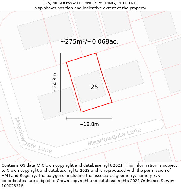 25, MEADOWGATE LANE, SPALDING, PE11 1NF: Plot and title map