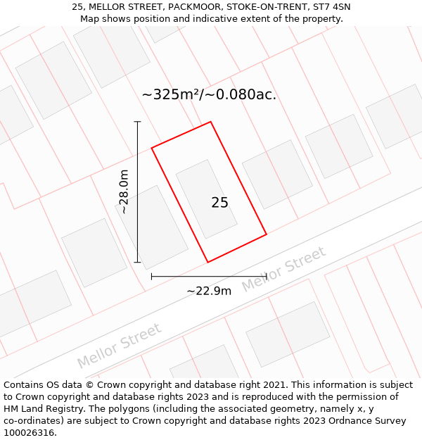 25, MELLOR STREET, PACKMOOR, STOKE-ON-TRENT, ST7 4SN: Plot and title map