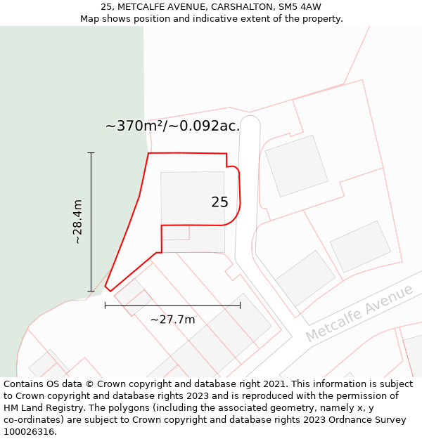 25, METCALFE AVENUE, CARSHALTON, SM5 4AW: Plot and title map