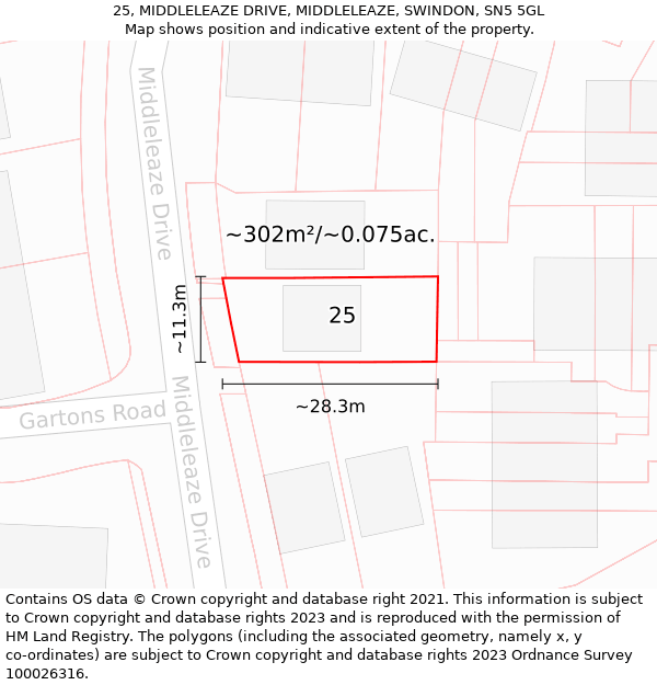 25, MIDDLELEAZE DRIVE, MIDDLELEAZE, SWINDON, SN5 5GL: Plot and title map