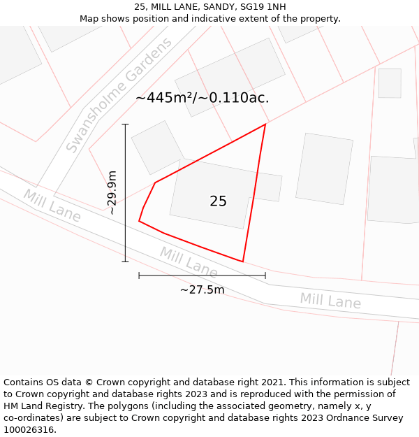 25, MILL LANE, SANDY, SG19 1NH: Plot and title map