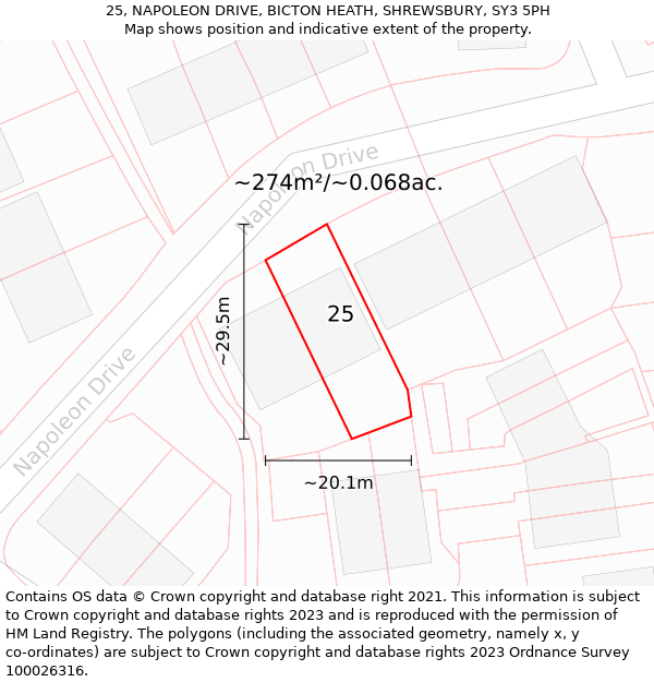 25, NAPOLEON DRIVE, BICTON HEATH, SHREWSBURY, SY3 5PH: Plot and title map