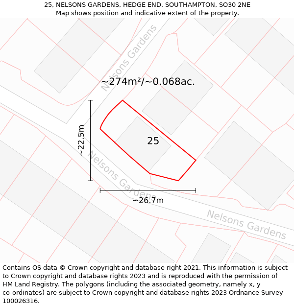 25, NELSONS GARDENS, HEDGE END, SOUTHAMPTON, SO30 2NE: Plot and title map