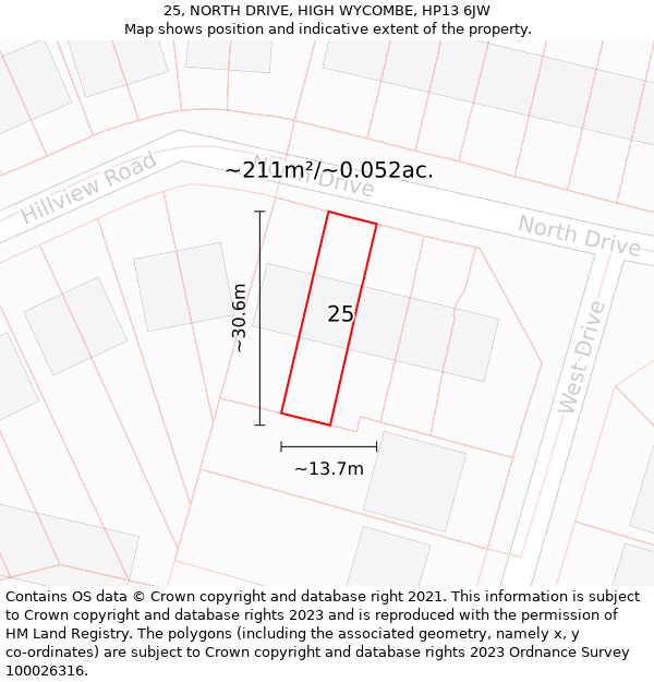 25, NORTH DRIVE, HIGH WYCOMBE, HP13 6JW: Plot and title map