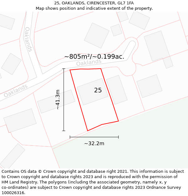 25, OAKLANDS, CIRENCESTER, GL7 1FA: Plot and title map