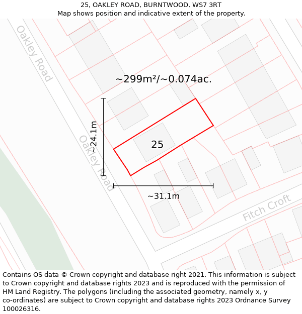 25, OAKLEY ROAD, BURNTWOOD, WS7 3RT: Plot and title map