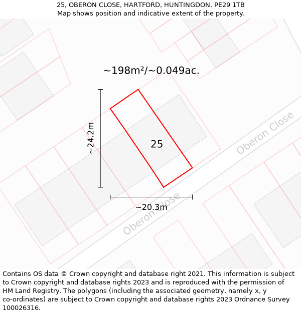 25, OBERON CLOSE, HARTFORD, HUNTINGDON, PE29 1TB: Plot and title map