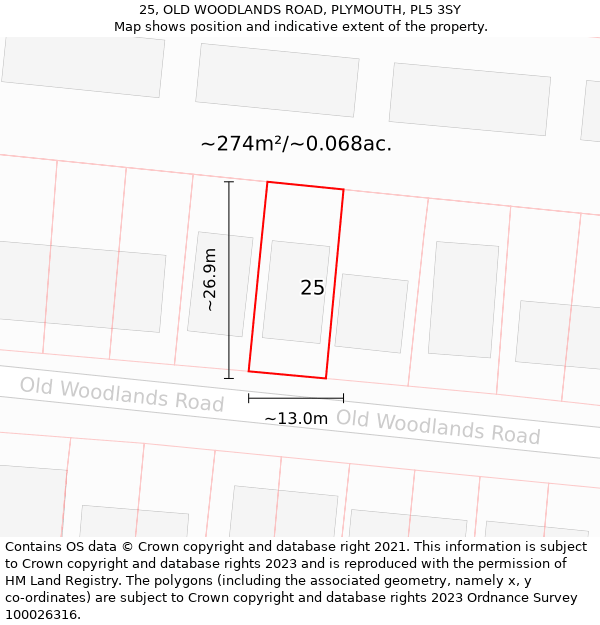 25, OLD WOODLANDS ROAD, PLYMOUTH, PL5 3SY: Plot and title map