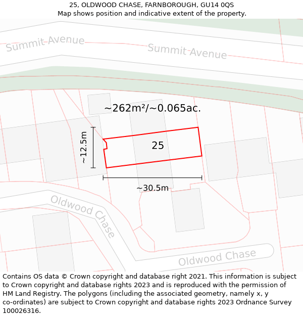 25, OLDWOOD CHASE, FARNBOROUGH, GU14 0QS: Plot and title map