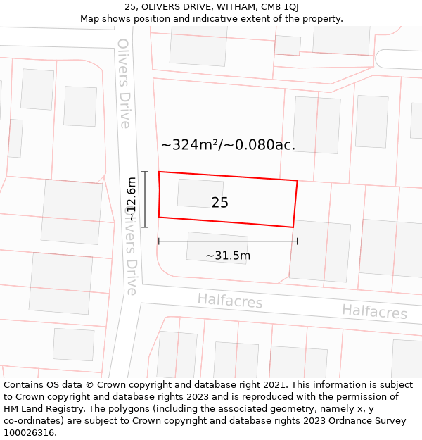 25, OLIVERS DRIVE, WITHAM, CM8 1QJ: Plot and title map