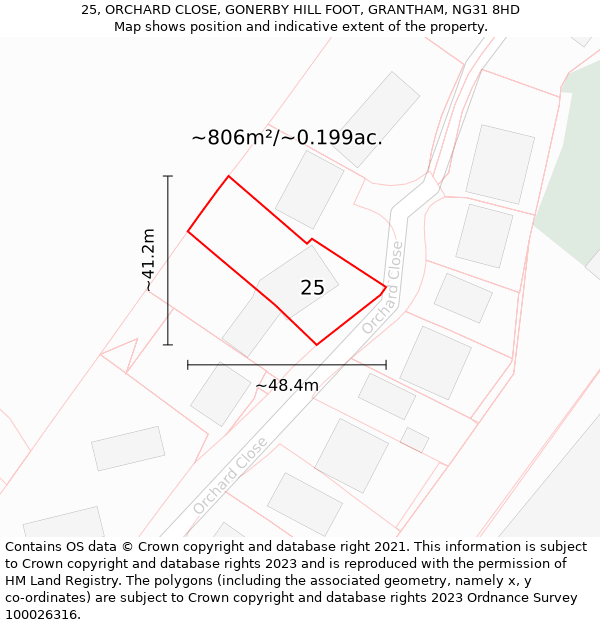 25, ORCHARD CLOSE, GONERBY HILL FOOT, GRANTHAM, NG31 8HD: Plot and title map