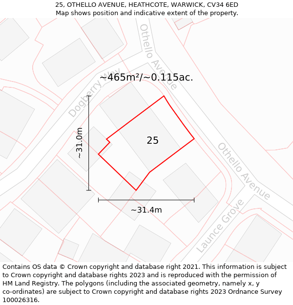 25, OTHELLO AVENUE, HEATHCOTE, WARWICK, CV34 6ED: Plot and title map