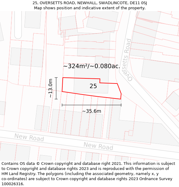 25, OVERSETTS ROAD, NEWHALL, SWADLINCOTE, DE11 0SJ: Plot and title map