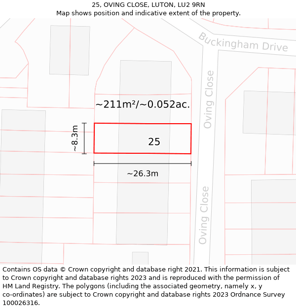 25, OVING CLOSE, LUTON, LU2 9RN: Plot and title map