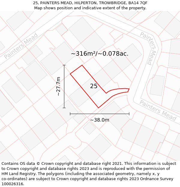 25, PAINTERS MEAD, HILPERTON, TROWBRIDGE, BA14 7QF: Plot and title map