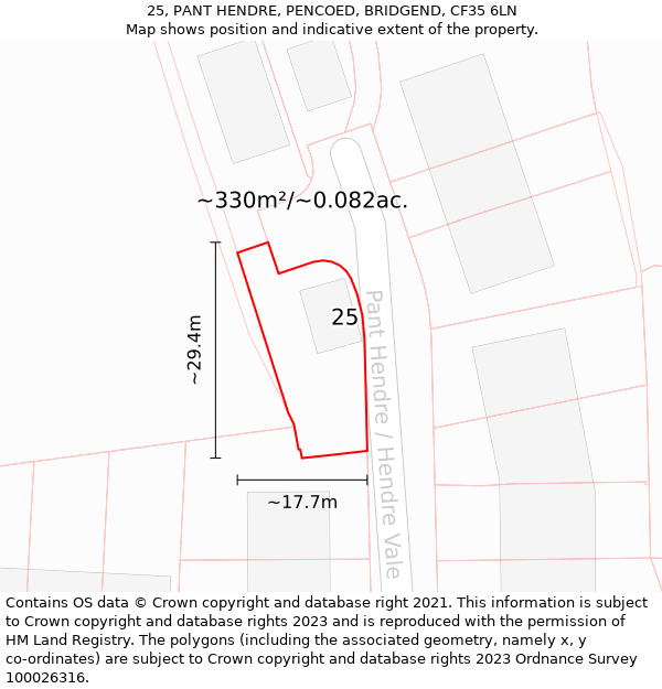 25, PANT HENDRE, PENCOED, BRIDGEND, CF35 6LN: Plot and title map