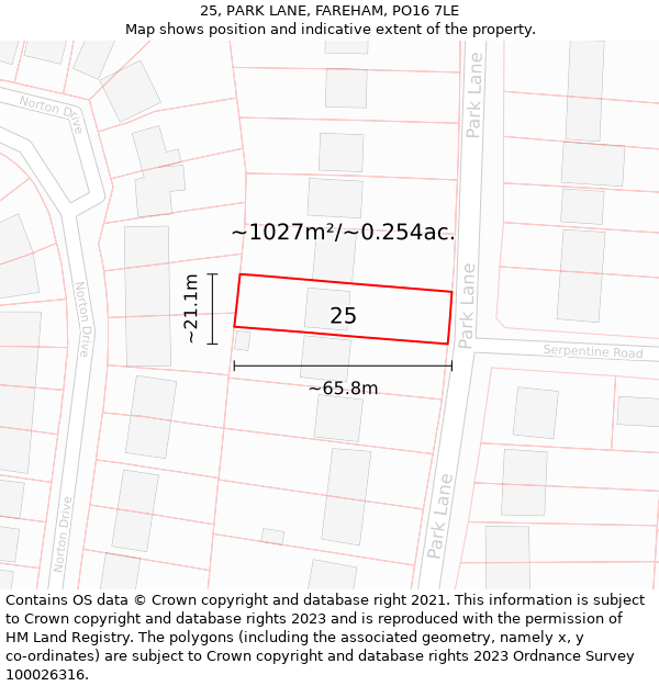 25, PARK LANE, FAREHAM, PO16 7LE: Plot and title map