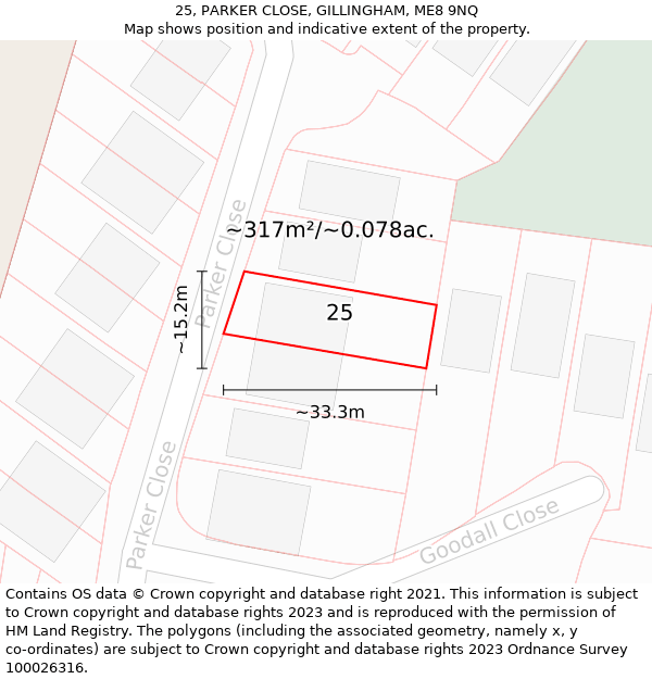 25, PARKER CLOSE, GILLINGHAM, ME8 9NQ: Plot and title map