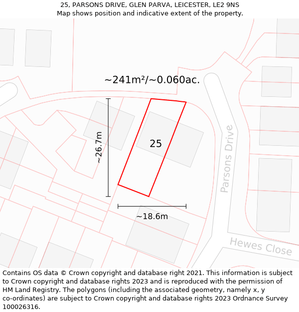 25, PARSONS DRIVE, GLEN PARVA, LEICESTER, LE2 9NS: Plot and title map